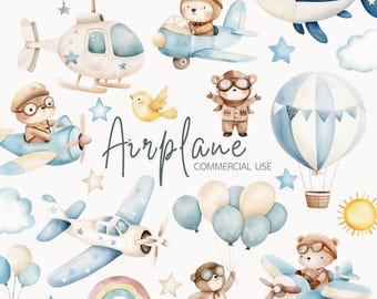 Airplane watercolor clipart set, Cute animals illustration,Cute Pilot ,Baby bear pilot, Plane, Birthday, Baby shower, Nursery clipart, Kid