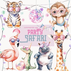 Acuarela de animales de fiesta de safari - Clipart de fiesta de safari - Conjunto de clipart de fiesta - Safari festivo - Animales de fiesta - Clipart de animales bebés festivos