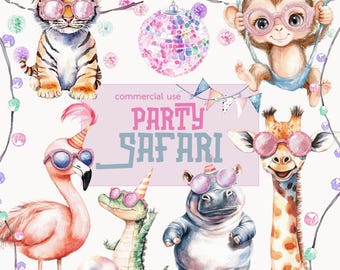 Acuarela de animales de fiesta de safari - Clipart de fiesta de safari - Conjunto de clipart de fiesta - Safari festivo - Animales de fiesta - Clipart de animales bebés festivos