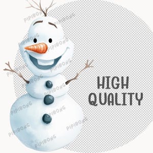 May include: A cartoon snowman with a carrot nose, black eyes, and a wide smile. The snowman has three black buttons and two twig arms. The background is a transparent checkered pattern.