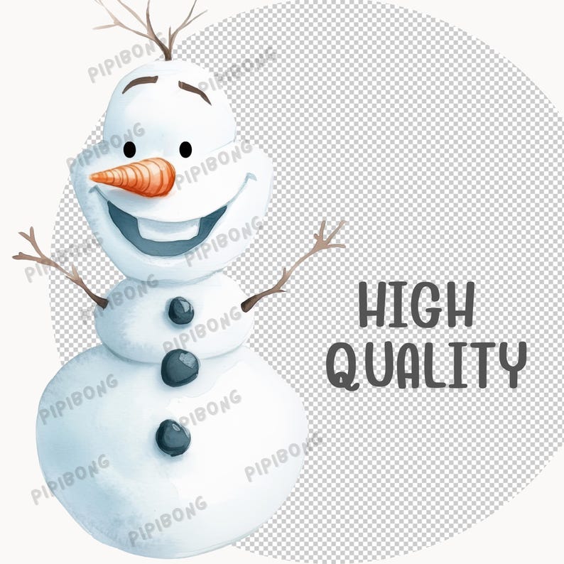 May include: A cartoon snowman with a carrot nose, black eyes, and a wide smile. The snowman has three black buttons and two twig arms. The background is a transparent checkered pattern.