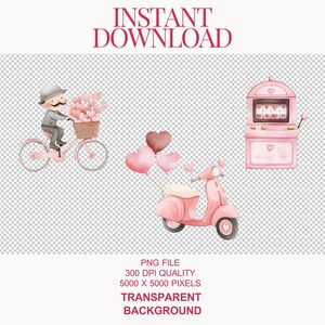 Pu&ograve; includere: Un set di tre illustrazioni ad acquerello che raffigurano uno scooter rosa con palloncini a forma di cuore, un uomo che guida una bicicletta rosa con un cestino di cuori e una slot machine rosa con cuori.