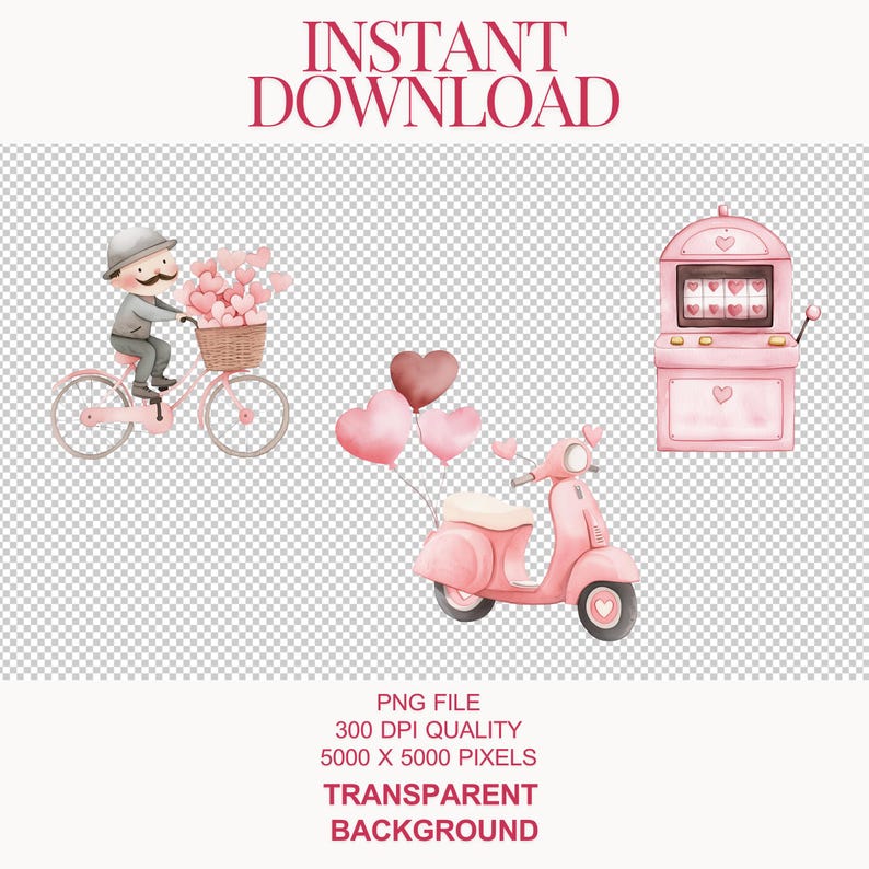Pu&ograve; includere: Un set di tre illustrazioni ad acquerello che raffigurano uno scooter rosa con palloncini a forma di cuore, un uomo che guida una bicicletta rosa con un cestino di cuori e una slot machine rosa con cuori.