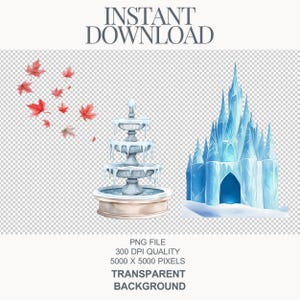May include: A watercolor illustration of a frozen castle with a blue and white color scheme and a fountain with a white base and blue water. The castle has a pointed roof and a dark blue entrance. The fountain has three tiers and is surrounded by a white base.
