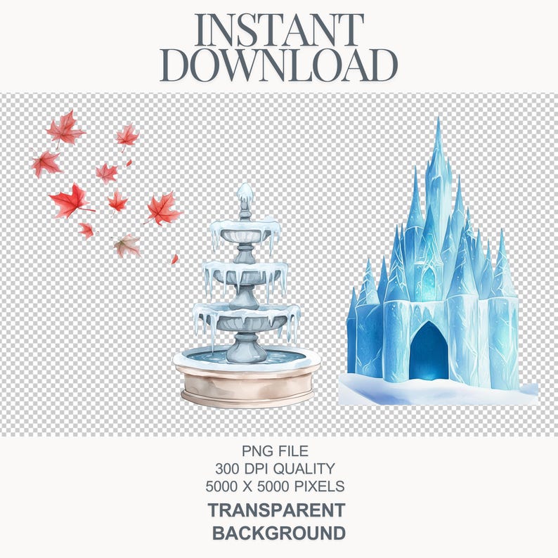 May include: A watercolor illustration of a frozen castle with a blue and white color scheme and a fountain with a white base and blue water. The castle has a pointed roof and a dark blue entrance. The fountain has three tiers and is surrounded by a white base.