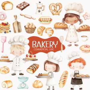Lindo clipart de repostería con acuarela, clipart de panadería, actividades en el hogar, clipart de empacado, panadero, pastel, baguette, croissants, delantal, guardería, pequeño chef
