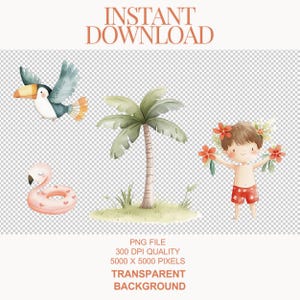 Peut inclure: Une illustration aquarelle d'une sc&egrave;ne tropicale avec un palmier, un toucan, un gar&ccedil;on avec des fleurs et un flotteur rose en forme de flamant rose. L'illustration est sur un fond transparent.