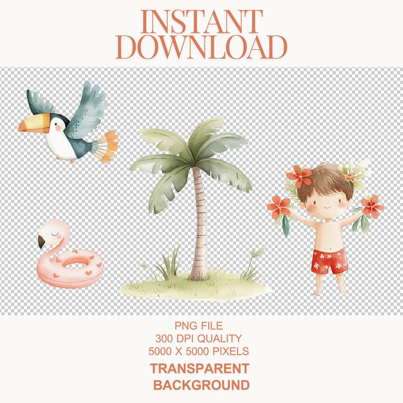 Peut inclure: Une illustration aquarelle d'une sc&egrave;ne tropicale avec un palmier, un toucan, un gar&ccedil;on avec des fleurs et un flotteur rose en forme de flamant rose. L'illustration est sur un fond transparent.