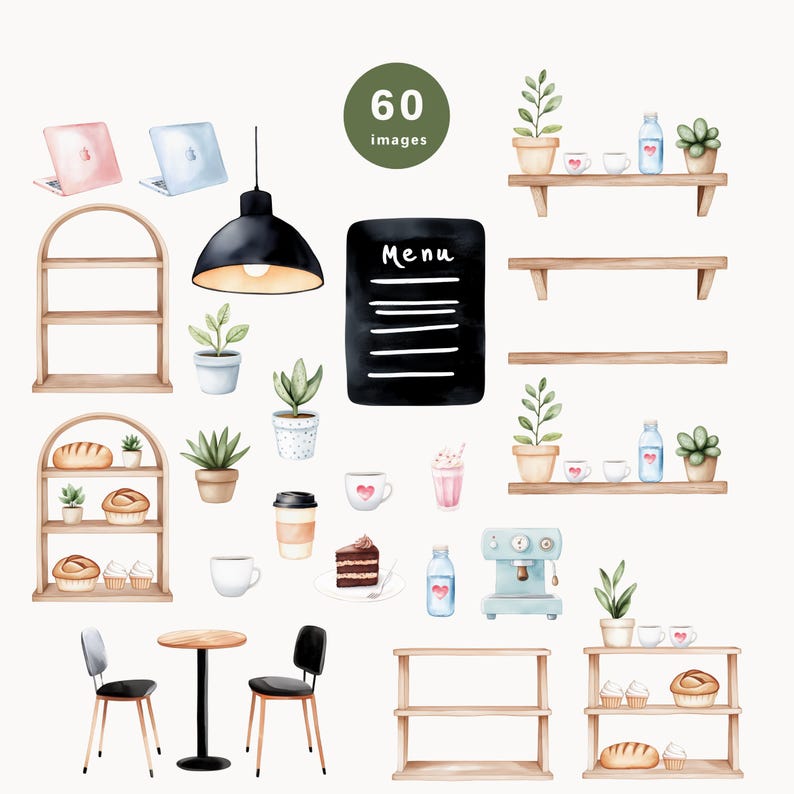May include: Watercolor illustrations of a cafe interior, including shelves, tables, chairs, plants, coffee cups, pastries, and a menu board that says "Menu".