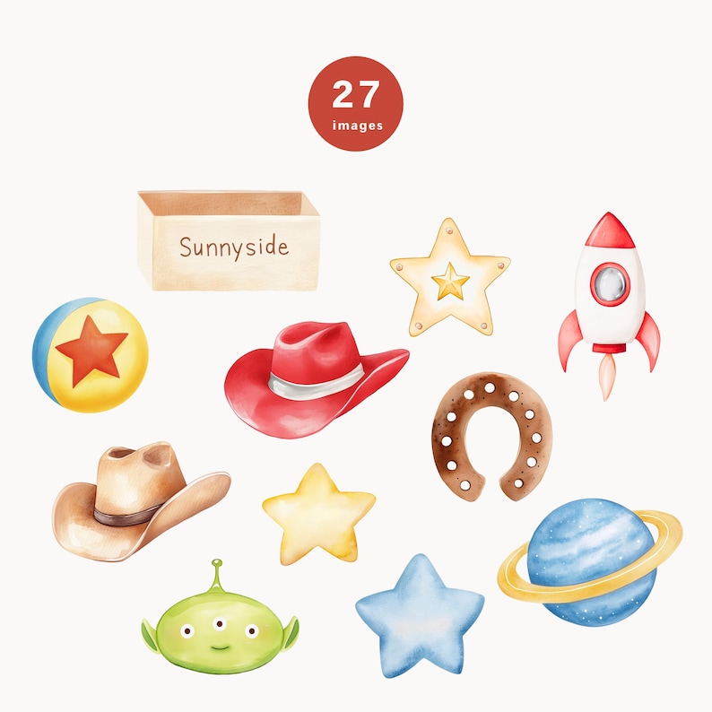 May include: A set of watercolor illustrations featuring a variety of objects, including a cowboy hat, a rocket ship, a star, a horseshoe, a planet, and a box with the word "Sunnyside" on it.