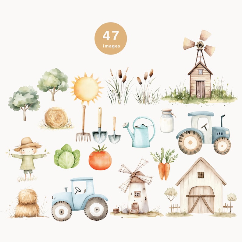 Puede incluir: Ilustraciones de acuarela de animales de granja, equipos agr&iacute;colas y edificios de granjas. Las ilustraciones incluyen un tractor, un molino de viento, un granero, un espantap&aacute;jaros, una regadera, una paca de heno, un sol, una zanahoria, un tomate, una col, un tarro de leche y una pala. Las ilustraciones est&aacute;n en un estilo de acuarela y son perfectas para usar en scrapbooking, creaci&oacute;n de tarjetas u otros proyectos de manualidades.