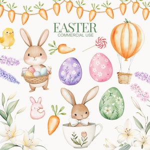 Aquarell niedliche Ostern Clipart, Frühling Hase Clipart, Osterkorb, kleine Häschen, Osterei, Entlein, Pastell Eier, Kinderzimmer, Kind Kunst