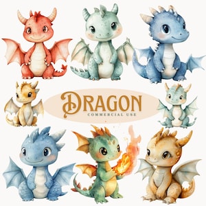 Aquarell Drache Clipart Bundle | Baby Fantasy Drache PNG, Mystische Geschöpfe, Kinderzimmer Kunst, Instant Download, Baby Drache, Kinder Kunst, Drache