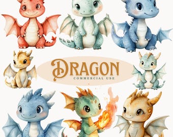 Paquete de imágenes prediseñadas de dragón de acuarela / Bebé dragón de fantasía PNG, criaturas místicas, arte infantil, descarga instantánea, bebé dragón, arte infantil, dragón