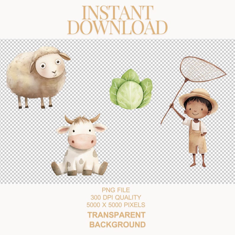 Puede incluir: Un conjunto de cuatro ilustraciones de acuarela que representan una oveja blanca, una vaca blanca, una col verde y un ni&ntilde;o de piel morena sosteniendo una red. Las ilustraciones est&aacute;n sobre un fondo transparente.