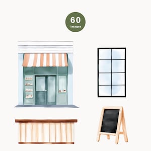 May include: A watercolor illustration of a storefront with a striped awning, a window with black frames, a wooden counter, and a black chalkboard sign on a wooden easel.