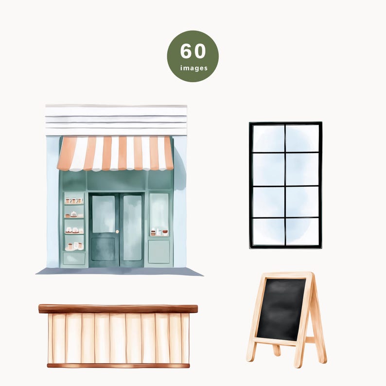 May include: A watercolor illustration of a storefront with a striped awning, a window with black frames, a wooden counter, and a black chalkboard sign on a wooden easel.