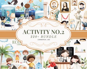 Könnte beinhalten: Aquarellillustrationen mit Kindern in verschiedenen Szenen: einem Aquarium mit einem Orca, einem Museum, einer Strandreinigung und einem Café. Der Text "ACTIVITY NO.2 220+ BUNDLE COMMERCIAL USE" ist enthalten.