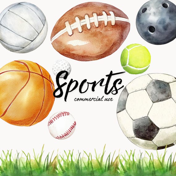 Watercolor Sports PNG, Watercolor Sports clipart, Cute Baseballs, Cute Footballs, Cute Soccer Ball, Golf, Tennis Ball, Sports Ball Clipart