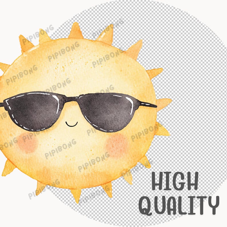 Peut inclure: Un soleil de dessin anim&eacute; avec un visage souriant portant des lunettes de soleil noires. Le soleil est jaune avec une lueur orange clair.