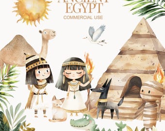 Clipart mignon Egypte ancienne, clipart aquarelle, clipart Louxor, jolie Cléopâtre, pharaon mignon, Egypte mignonne, Louxor mignonne, chambre d'enfant, clipart Sphinx