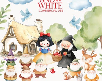 May include: A watercolor illustration of Snow White and the Seven Dwarfs. Snow White is wearing a yellow dress with a blue bodice and a red bow. The dwarfs are wearing colorful clothes. The illustration also includes a witch, a deer, a squirrel, and a rabbit. The text "SNOW WHITE COMMERCIAL USE" is written at the top of the illustration.