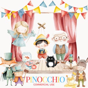 Lindo Pinocho, Clipart de acuarela de niño de madera, Clipart de bebé Pinocho, Clipart de guardería, Clipart de Pinocho, Sublimación, Baby Shower, Guardería