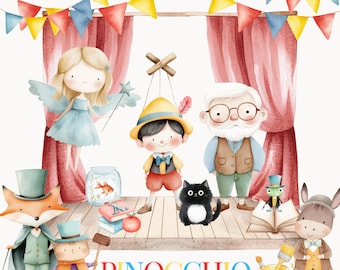 Cute Pinocchio, Wooden Boy Watercolor Clipart, Baby Pinocchio clipart ,Nursery Clipart, Pinocchio Clipart, Sublimation, Baby Shower, Nursery