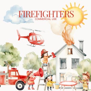Lindos bomberos, lindos clipart de acuarela, extintor de incendios, casa en llamas, camión de bomberos, rescate, pequeño bombero, clipart de guardería