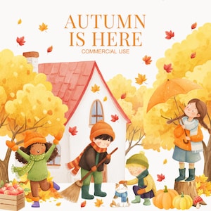 Aquarel herfst clipart, gezellige herfst png, aquarel herfst clipart, pompoen, cottagecore herfst, hoorn des overvloeds, taart, champignons, sinaasappelbladeren, vos