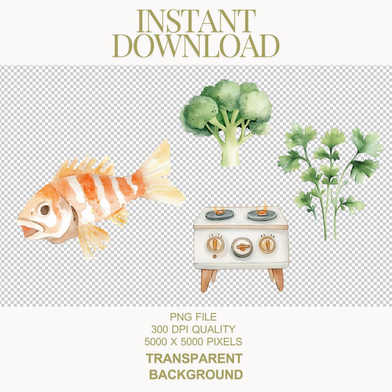 May include: Watercolor illustration of a fish, broccoli, cilantro, and a white stovetop with two burners. The image has a transparent background.
