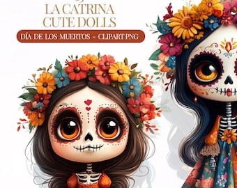 Schattige poppen La Catrina Dag van de Doden PNG-afbeelding Día de Los Muertos Clipart, suikerschedel, Mexicaans Halloween. Día de Los Muertos, schattige poppen