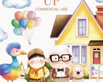 Imágenes prediseñadas de Up, imágenes PNG de Up, imágenes prediseñadas de Scout lindo, Carl, Russell, Ellie, Dug, Kevin, imágenes PNG de casa de globos, cumpleaños de Up, Paradise Falls, conjunto de imágenes prediseñadas de Up
