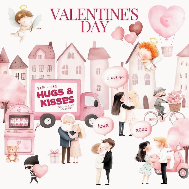 Pu&ograve; includere: Un'illustrazione ad acquerello di una citt&agrave; a tema San Valentino con edifici rosa, cuori e un camion di consegna con le parole "Hugs & Kisses" sul lato. Il camion sta consegnando amore e felicit&agrave; alla citt&agrave;.