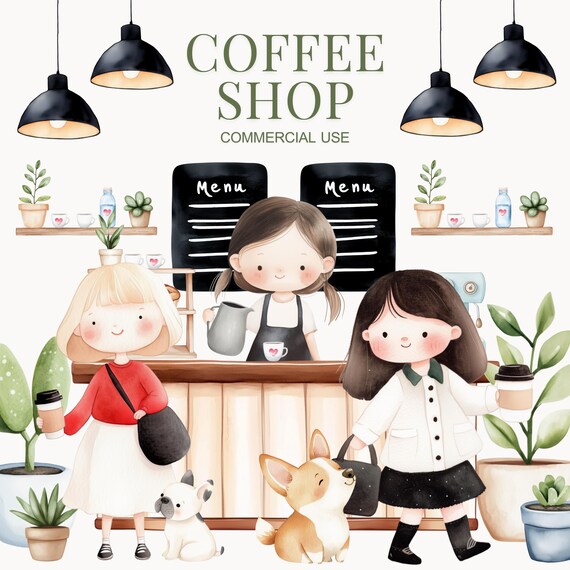 Cute Cafe Clipart, Coffee Clipart, Dog Friendly, Coffee Shop, Barista Clipart, Coffee Lover, Cute Dog, Coffee time, Coffee Mug, Store Front