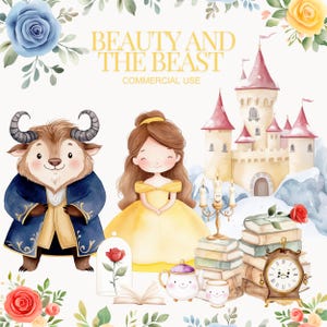 Linda Bella y la Bestia Clipart, Acuarela Bella y la Bestia PNG, Bestia PNG, Castillo, Princesa clipart, Princesa Bella, Princesa de guardería