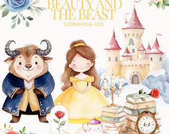 Cute Beauty and the Beast Clipart, Watercolor Beauty and the Beast PNG, Beast PNG, Castle, Princess clipart,Belle Princess ,Nursery Princess