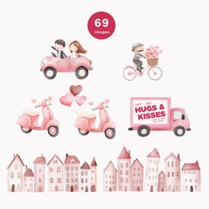 Pu&ograve; includere: Un set di illustrazioni ad acquerello con cuori rosa e rossi, una coppia in un'auto rosa, un uomo che guida una bicicletta con un cestino di cuori, due scooter rosa con cuori, un camioncino di consegna rosa con il testo "24/7 - 365 HUGS & KISSES FAST & FREE DELIVERY", e una fila di case rosa.