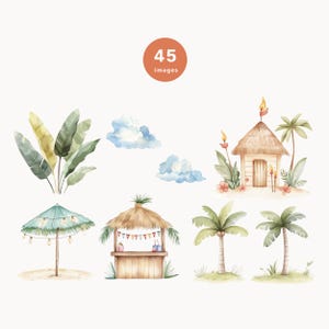Peut inclure: Un ensemble d'illustrations &agrave; l'aquarelle repr&eacute;sentant des &eacute;l&eacute;ments tropicaux, notamment des palmiers, une cabane en chaume, un parasol de plage et un petit magasin avec un toit de chaume. Les illustrations sont parfaites pour ajouter une touche de style tropical &agrave; vos cr&eacute;ations.