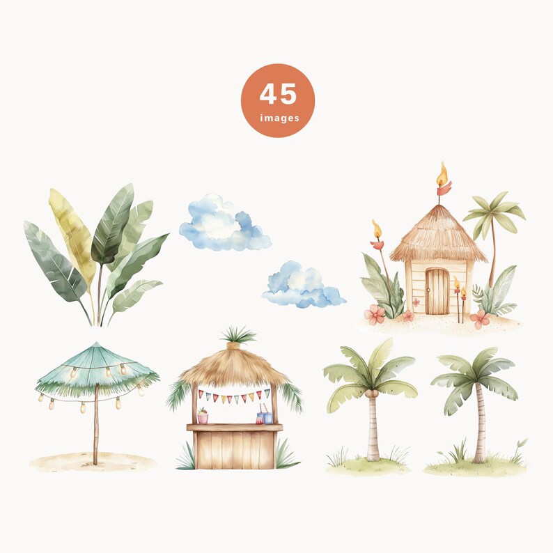 Peut inclure: Un ensemble d'illustrations &agrave; l'aquarelle repr&eacute;sentant des &eacute;l&eacute;ments tropicaux, notamment des palmiers, une cabane en chaume, un parasol de plage et un petit magasin avec un toit de chaume. Les illustrations sont parfaites pour ajouter une touche de style tropical &agrave; vos cr&eacute;ations.