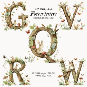 Alfabeto de bosque, imágenes prediseñadas de letras, alfabeto de animales, acuarela del alfabeto, decoración de guardería, letras del bosque, baby shower del bosque, bosque