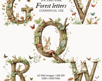 Woodland alphabet letter clipart, Animals Alphabet, Alphabet Watercolor, Nursery Decoration, Forest Letter, Woodland baby shower, Woodland