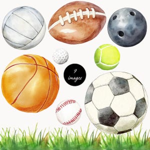 Op de afbeelding: Een verzameling van negen aquarel geschilderde sportballen, waaronder een basketbal, een voetbal, een honkbal, een volleybal, een American football, een bowlingbal, een golfbal en twee tennisballen. De ballen zijn gerangschikt op een witte achtergrond met groen gras aan de onderkant.