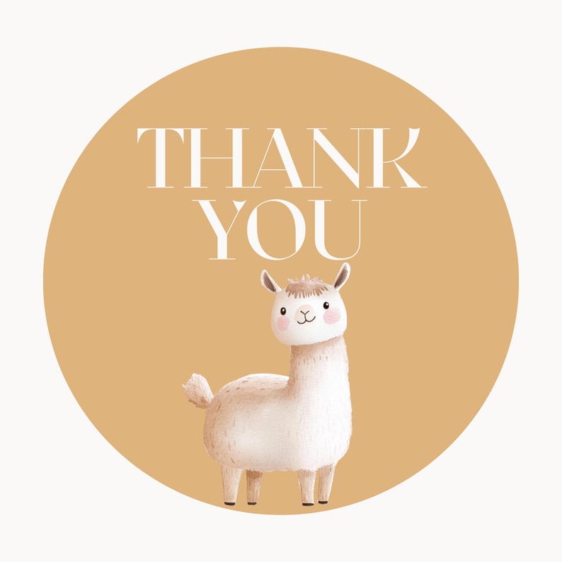Puede incluir: Una pegatina redonda de agradecimiento de color marr&oacute;n claro con una ilustraci&oacute;n de llama blanca y el texto "THANK YOU" en blanco.