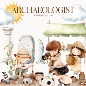 Weinig archeologie aquarel clipart, archeologie graphics, oude clipart, geschiedenis clipart, kinderen clipart, archeoloog clipart, kinderkamer