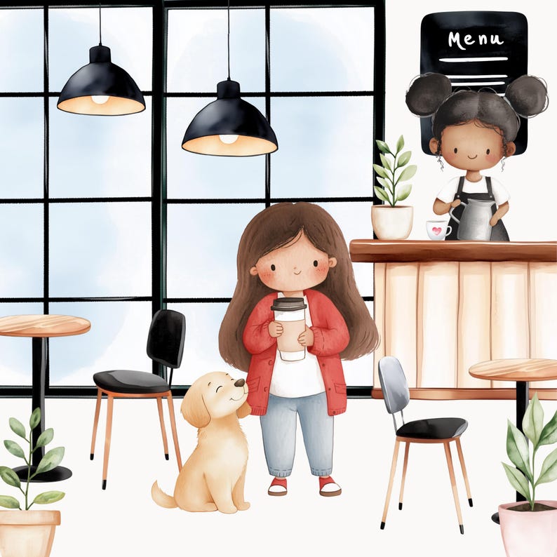 May include: A watercolor illustration of a cafe interior with a girl in a red sweater holding a cup of coffee, a dog, and a girl behind the counter with a sign that says "Menu".