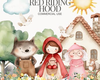 Little Red Riding Hood Cute watercolor clipart, Woodland animals watercolor ,decor art ,nursery, Red Riding Hood, animals graphics, Kid art