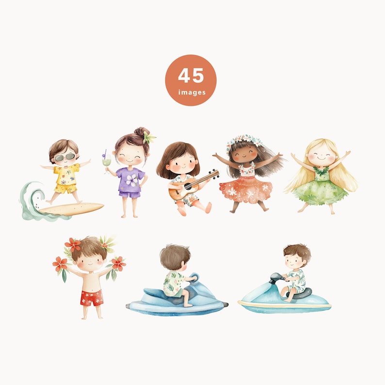 Peut inclure: Un ensemble d'illustrations &agrave; l'aquarelle repr&eacute;sentant des enfants s'amusant pendant les activit&eacute;s estivales. Les illustrations comprennent des enfants faisant du surf, jouant de la musique, faisant du jet ski et portant des colliers de fleurs hawa&iuml;ens. Les illustrations sont de style cartoon et sont parfaites pour une utilisation dans une vari&eacute;t&eacute; de projets.
