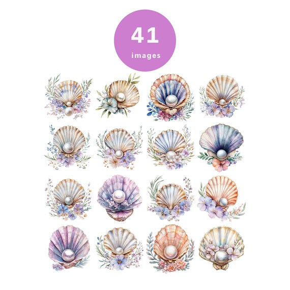 貝殻のクリップアート、花柄の貝殻真珠のクリップアート、貝殻の水彩画