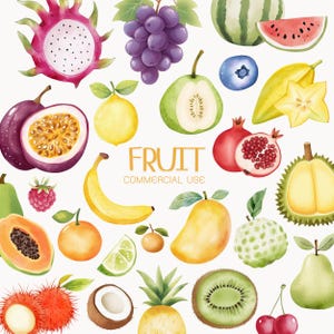 Bonitas imágenes prediseñadas de frutas en acuarela, imágenes prediseñadas de variedades de frutas, limones, limas, sandía, manzana, naranja, uva, durian, cereza, kiwi, arte infantil, guardería